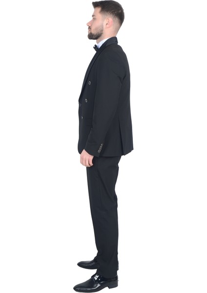 Cengiz Inler Kruvaze Saten Şal Yaka Yelekli Damatlık