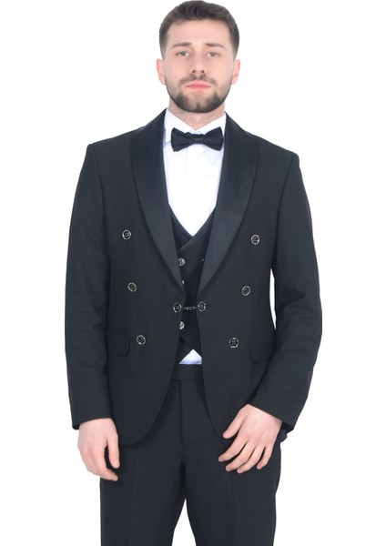 Cengiz Inler Kruvaze Saten Şal Yaka Yelekli Damatlık modelleri