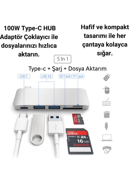 Çok Fonksiyonlu 5in1 100W Type-C Girişli Sd,tf, USB ve Type C Çevirici Çoğaltıcı Adaptör