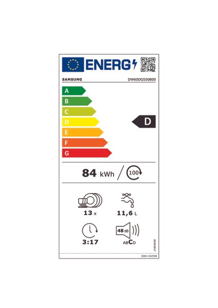 DW60DG550B00TR 5 Programlı Ankastre Bulaşık Makinesi, D Enerji Sınıfı