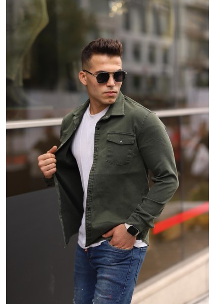 Serseri Jeans Haki Renk Çıt Çıt Düğmeli Çift Cep Kot Gömlek10