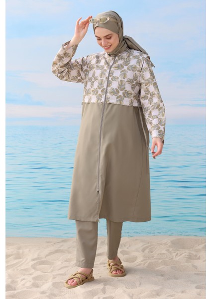 Desenli Yüzme Takımı Açık Haki