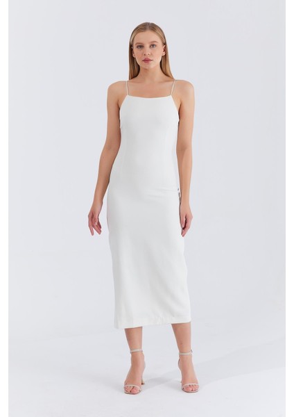 Kadın Ekru Askılı Uzun Elbise
