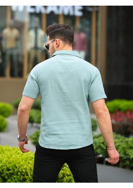 Mint Renk Pamuk Keten Kısa Kol Gömlek modelleri