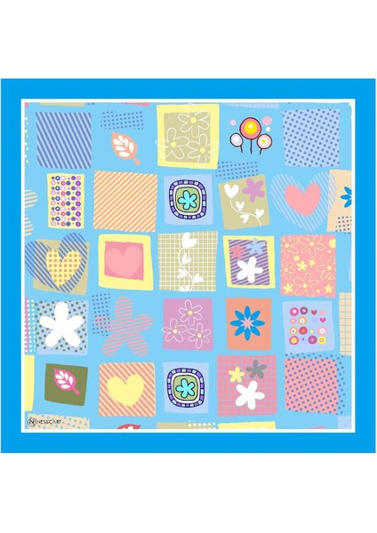 Çiçek ve Kalp Desen Yeşil Soft Fular 70X70 cm Kare