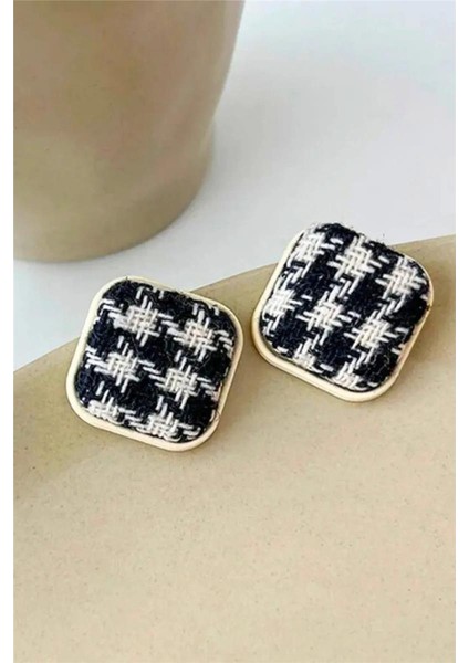 Fransız Kare Damalı Kumaş Tasarım Küpe