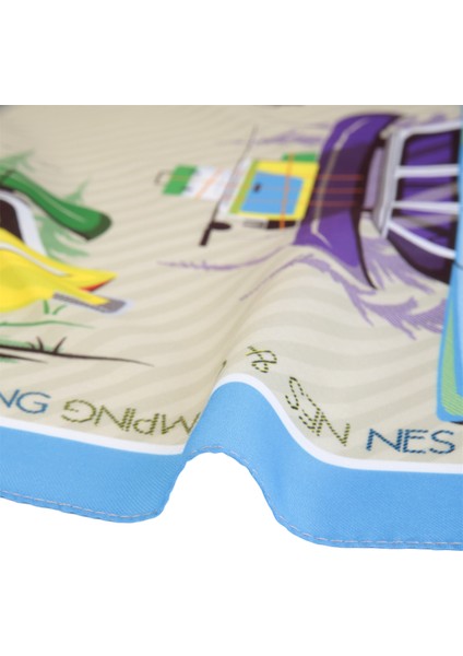 Araba ve Kamp Desen Turkuaz Soft Fular 70X70 cm Kare