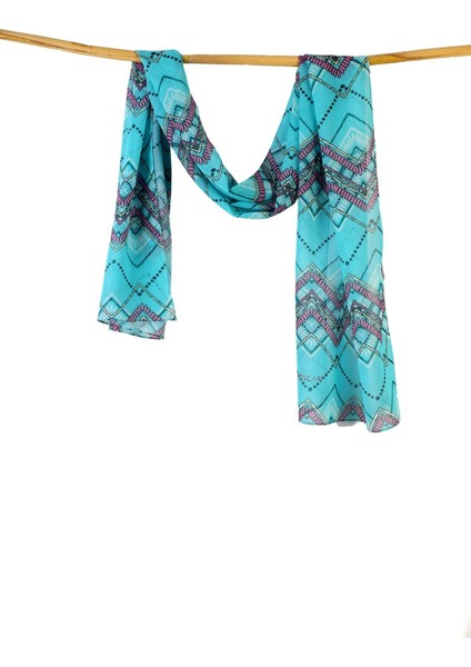 Desenli Turkuaz Şifon Fular 34X134 Dikdörtgen modelleri