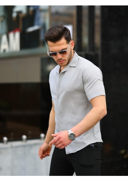 Taş Renk Pamuk Keten Kısa Kol Gömlek