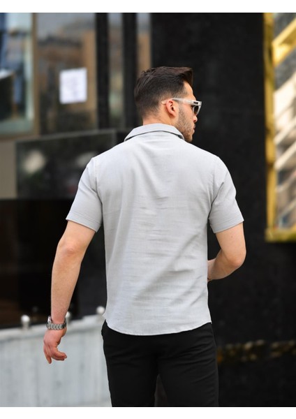 Taş Renk Pamuk Keten Kısa Kol Gömlek
