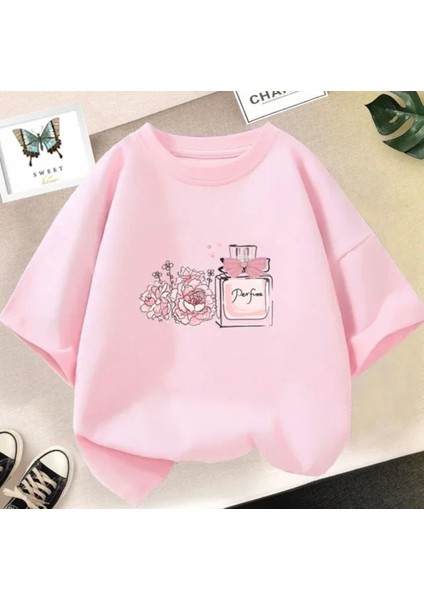 Özel Tasarım Çiçek Kokulu Parfüm Baskılı %100 Pamuk Oversize Kız Çocuk Trend T-Shırt