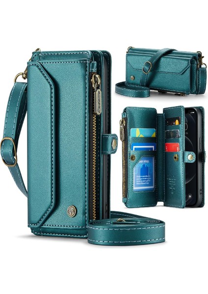 Iphone 12 /12 Pro Için Crossbody Durumda Rfid Engelleme Fermuar Faturaları Yuvası Kılıf (Yurt Dışından)