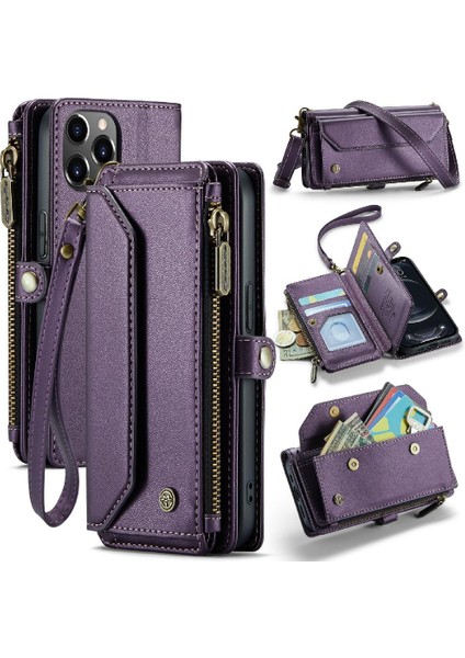 Iphone 12 /12 Pro Için Crossbody Durumda Rfid Engelleme Fermuar Faturaları Yuvası Kılıf (Yurt Dışından)