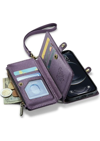 Iphone 12 /12 Pro Için Crossbody Durumda Rfid Engelleme Fermuar Faturaları Yuvası Kılıf (Yurt Dışından)