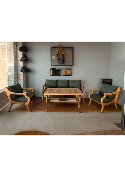 Bery Masif Ahşap Bahçe Balkon Koltuk Kestane Ağacı 3+1+1 Koltuk, Masa Takımı