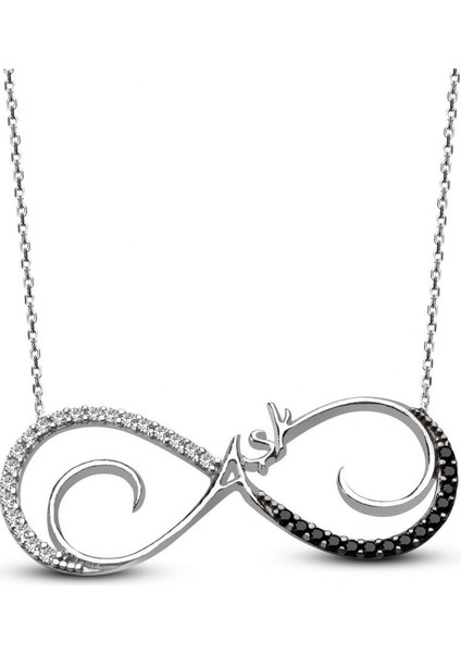 925 Ayar Gümüş Siyah Zirkon Taşlı Aşk Yazılı Sonsuzluk Kolye