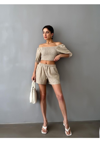 Kadın Krem Ikili Keten Crop Şort Astarlı Alt Üst Takım