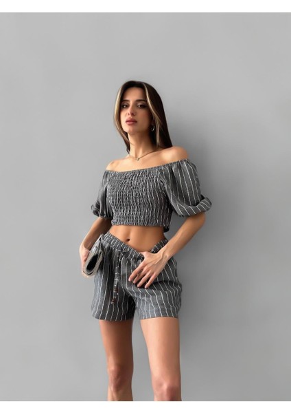 Kadın Antrasit Ikili Keten Crop Şort Astarlı Alt Üst Takım fırsatları
