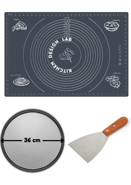 Gri Hamur Açma Matı 45 x 65 Cm, 36 cm Pizza Tepsisi ve Ahşap Uzun Saplı Hamur ve Pizza Kesici