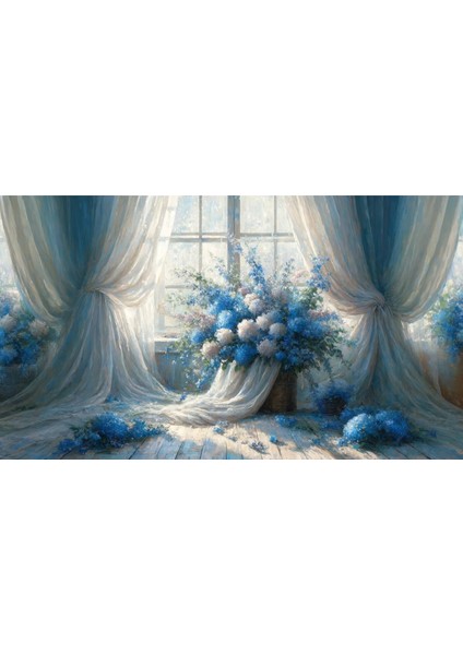 Mavi Çiçeklerle Süslenmiş Zarif Pencere Manzaralı Arkaplan 200 x 150 cm