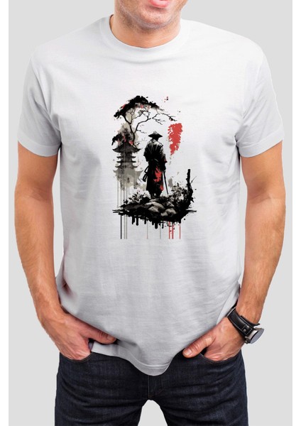 Samurai Baskılı Beyaz Unisex Tişört C499