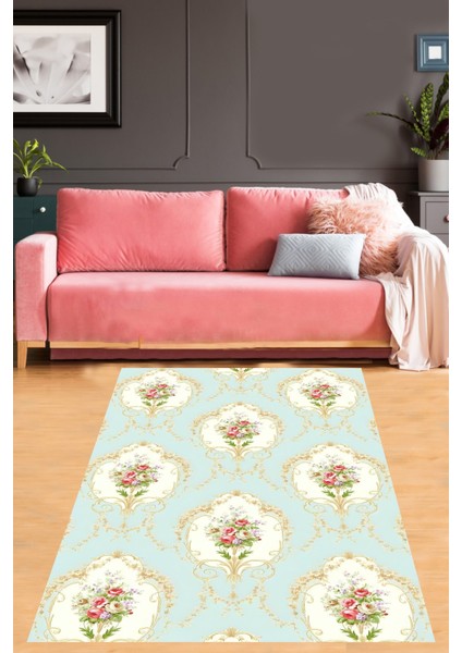 Mint Zemin Floral Desen Yıkanabilir Kaymaz Taban Leke Tutmaz Salon Halısı