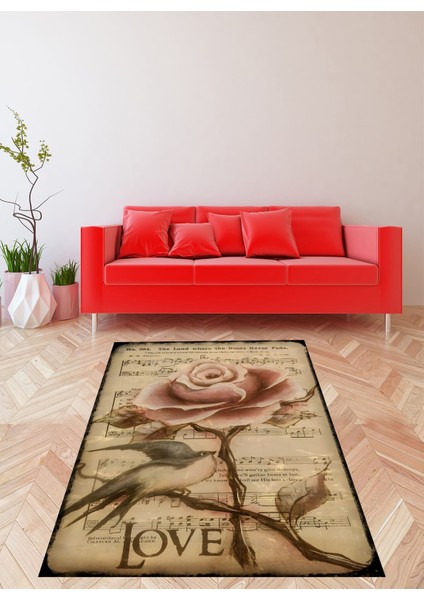 Love Yazılı Gül Desen Yıkanabilir Kaymaz Taban Leke Tutmaz Salon Halısı