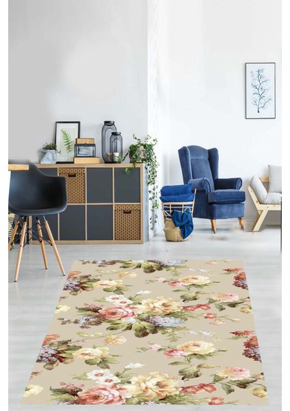 Vintage Yeşil Yaprak ve Gül Buketleri Desenli Yıkanabilir Kaymaz Taban Leke Tutmaz Salon Halısı Yolluk