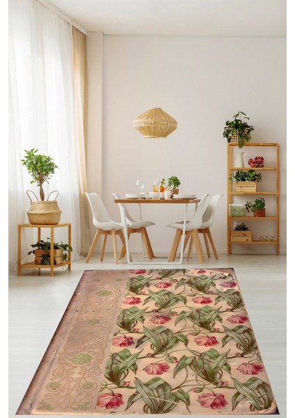 Kahverengi Zeminde Floral Motifli Çiçek ve Yaprak Desenli Yıkanabilir Kaymaz Taban Leke Tutmaz Salon Halısı