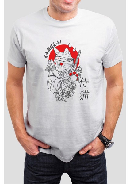 Samurai Kedi Baskılı Beyaz Unisex Tişört C516