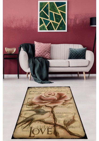 Love Yazılı Gül Desen Yıkanabilir Kaymaz Taban Leke Tutmaz Salon Halısı fiyatları