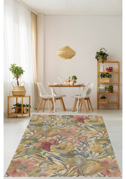 Modern Çiçek Desenli Yıkanabilir Kaymaz Taban Leke Tutmaz Salon Halısı