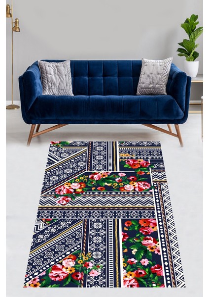 Etnik ve Geometrik Desenli Güllü Yıkanabilir Kaymaz Taban Leke Tutmaz Salon Halısı Yoluk
