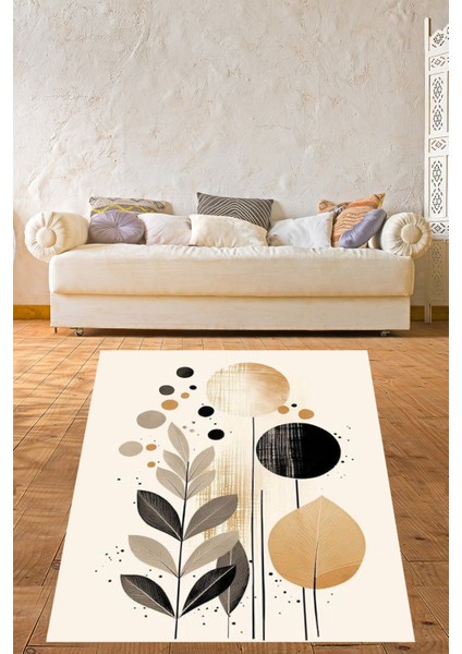 Beyaz Zeminde Yaprak Desenli Modern Yıkanabilir Kaymaz Taban Leke Tutmaz Salon Halısı Yolluk