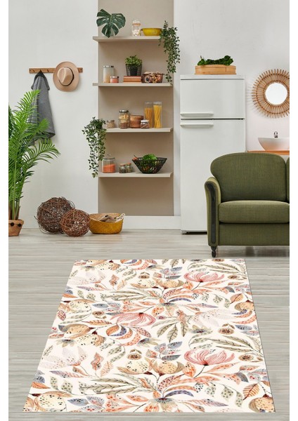 Bej Pastel Renkli Botanik Temalı Modern Yıkanabilir Kaymaz Taban Leke Tutmaz Salon Halısı Yolluk