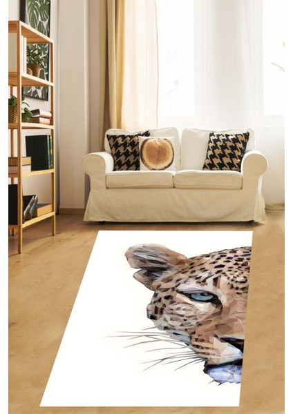 Beyaz Zemin Kaplan Desen Yıkanabilir Kaymaz Taban Leke Tutmaz Salon Halısı