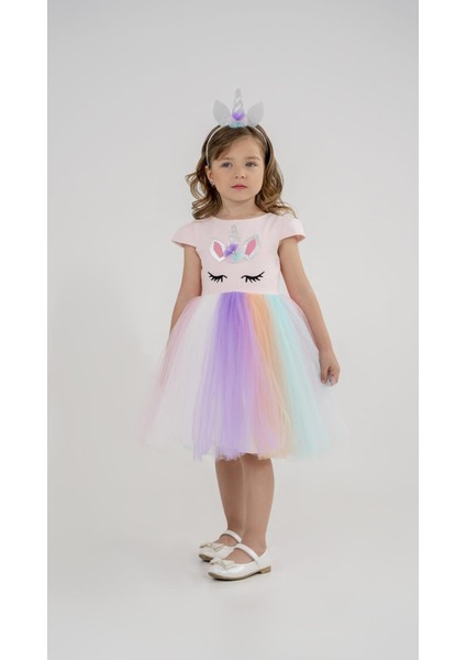 Trend Baby Kids Kız Çocuk Elbise Unicorn Baskılı Tül Etekli Taç Hediyeli 3-6 Yaş