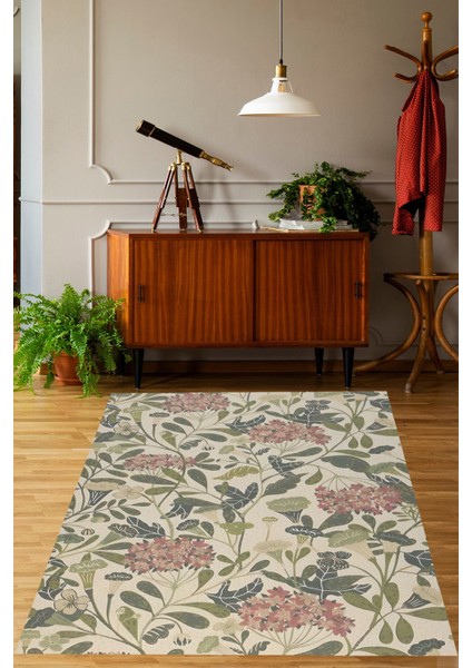 Yaprak ve Çiçek Desen Vintage Yıkanabilir Kaymaz Taban Leke Tutmaz Salon Halısı
