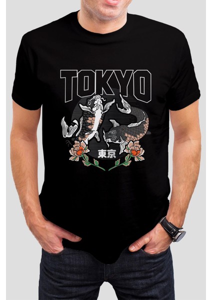 Tokyo Balık Baskılı Siyah Unisex Tişört C534