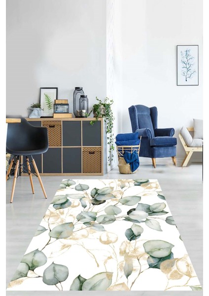 Yeşil Yaprak Dalı Yıkanabilir Kaymaz Taban Leke Tutmaz Salon Halısı