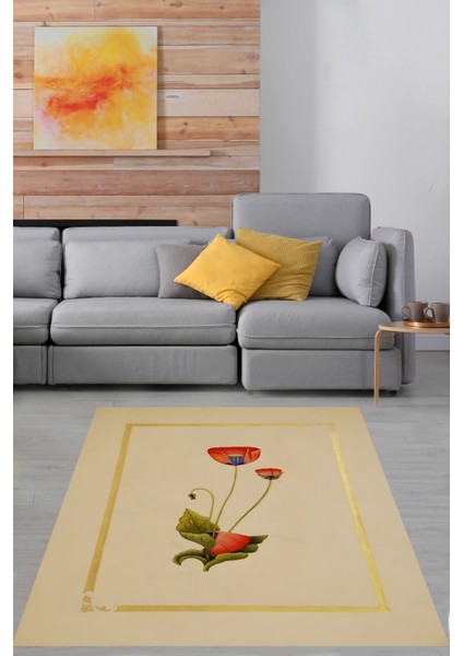 Kırmızı Gelincik Desenli Minimal Modern Yıkanabilir Kaymaz Taban Leke Tutmaz Salon Halısı