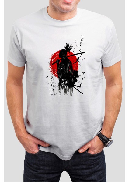Samurai Baskılı Beyaz Unisex Tişört C505