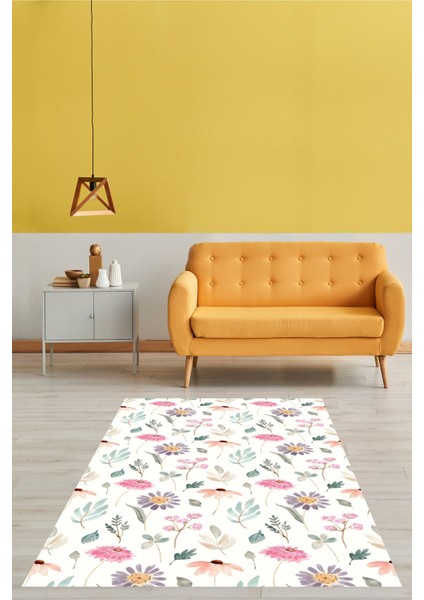 Beyaz Zeminli Minimal Renkli Çiçekler Desenli Yıkanabilir Kaymaz Taban Leke Tutmaz Salon Halısı