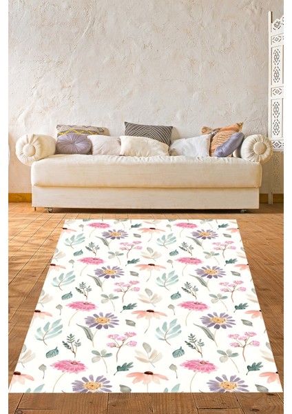 Beyaz Zeminli Minimal Renkli Çiçekler Desenli Yıkanabilir Kaymaz Taban Leke Tutmaz Salon Halısı fiyatları