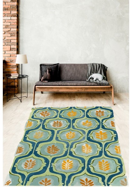 Bohem Yaprak Desen Yıkanabilir Kaymaz Taban Leke Tutmaz Salon Halısı