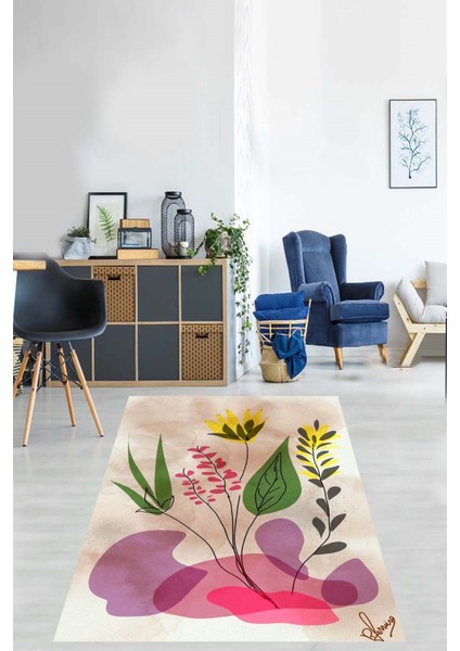 Minimal Çiçek Desenli Renkli Yıkanabilir Kaymaz Taban Leke Tutmaz Salon Halısı Yolluk