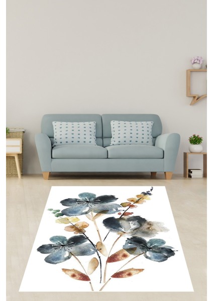 Suluboya Mavi Çiçek ve Yaprak Efektli Yıkanabilir Kaymaz Taban Leke Tutmaz Salon Halısı Yolluk fiyatları