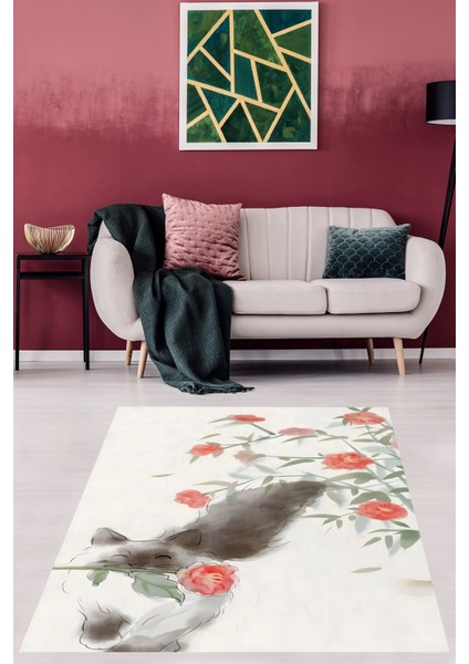 Sevimli Kedi Desen Yıkanabilir Kaymaz Taban Leke Tutmaz Salon Halısı