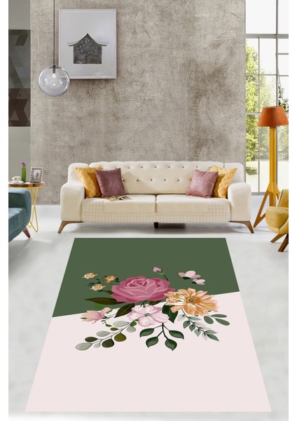 Çiçek Buketi Desenli Modern Yıkanabilir Kaymaz Taban Leke Tutmaz Salon Halısı Yolluk