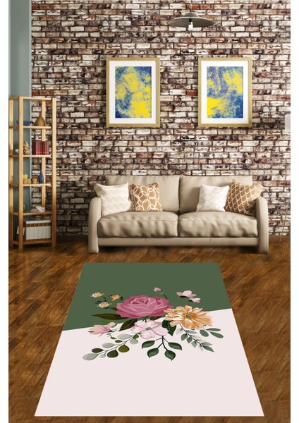 Çiçek Buketi Desenli Modern Yıkanabilir Kaymaz Taban Leke Tutmaz Salon Halısı Yolluk